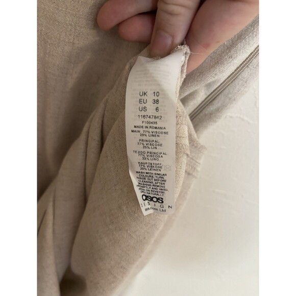 New ASOS Woman's 6 Linen Dress Beigh Tan Midi Off Shoulder Asymmetrical Sleeve - Picture 5 of 6
